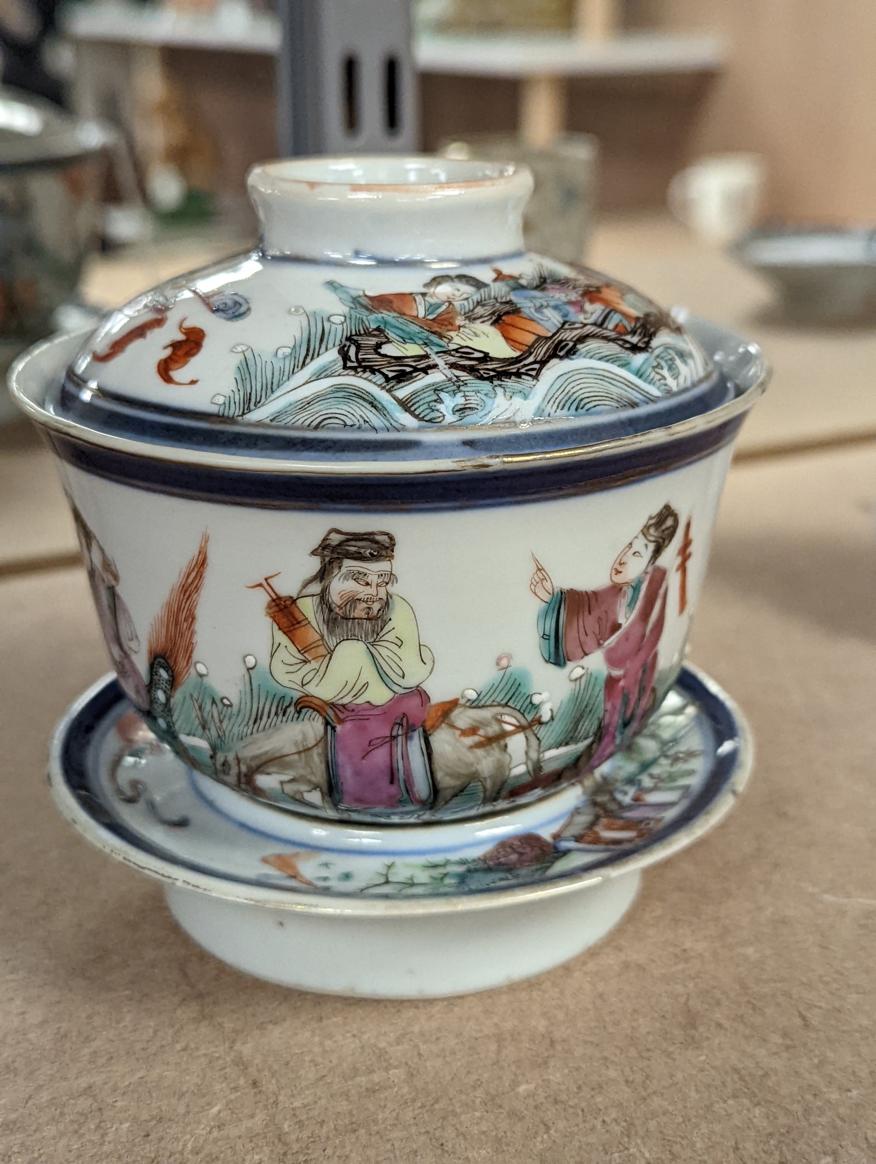 A late 19th century Chinese famille rose rice bowl, cover and stand, 11cm